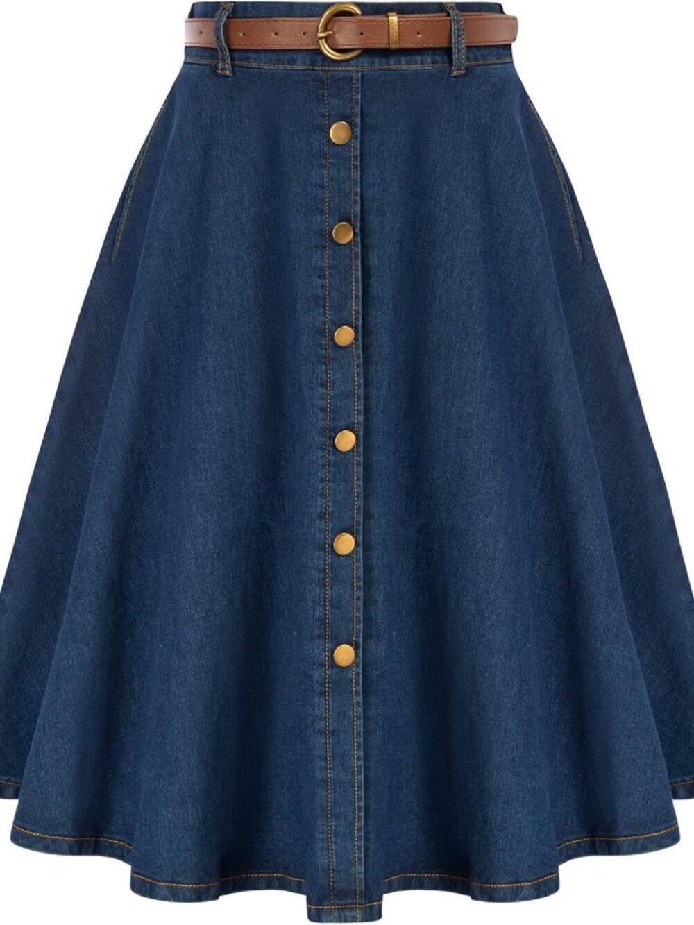 Women's Denim Skirts Vintage Below Knee Length High Waist A-Line Jean Skirts wit
